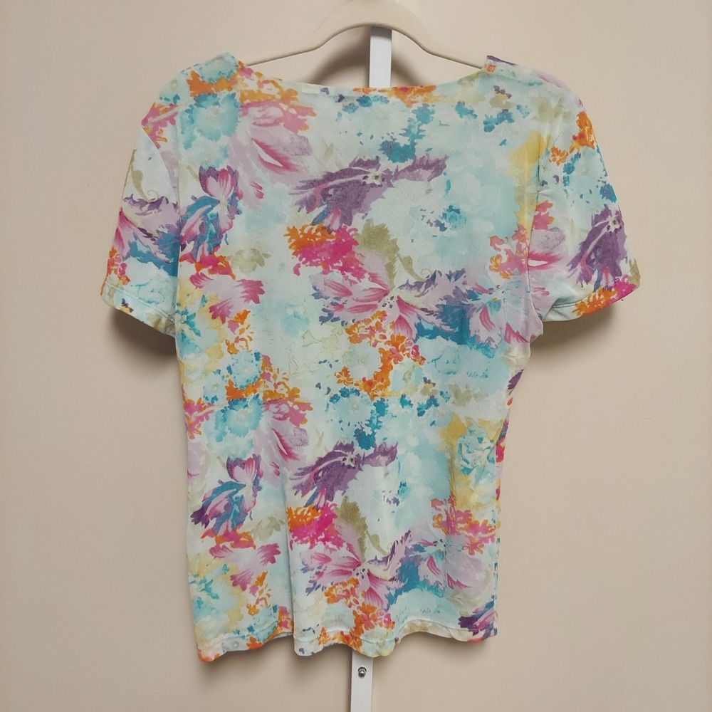 Liz Claiborne XL Floral Mesh V-Neck Short Sleeve Top Watercolor Fairy‎ 90s - Picture 4 of 6